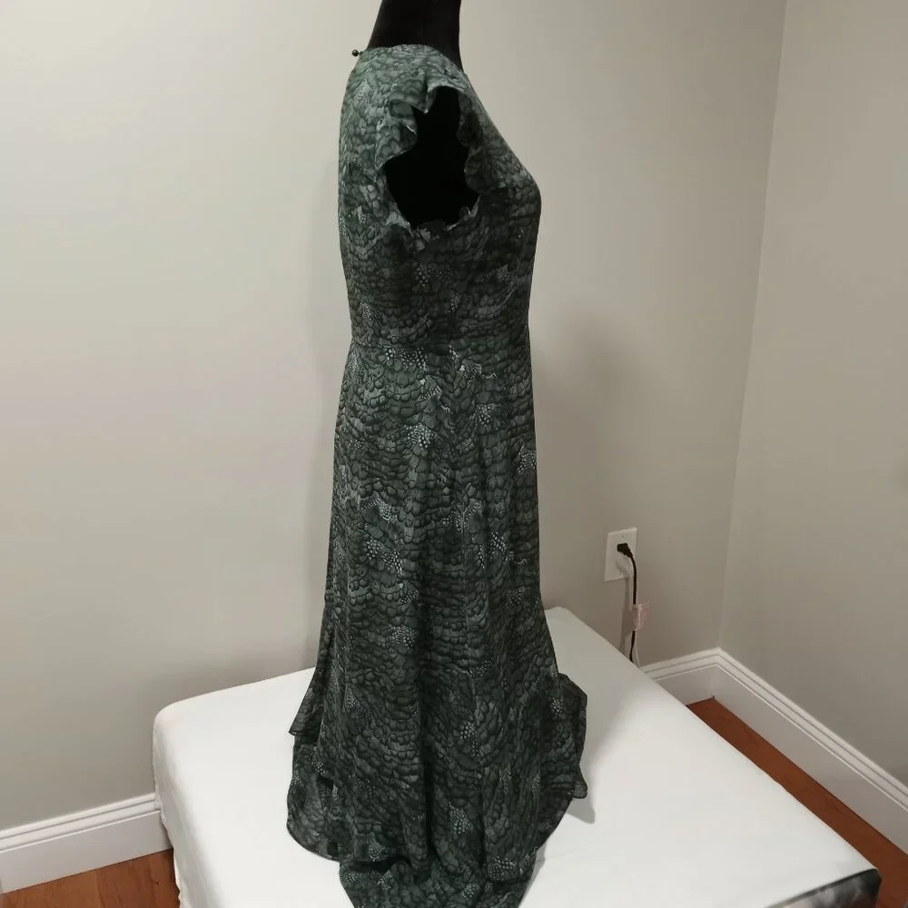 Feather Printed Midi Flounce Dress - Feather Bottle Green Women Size 40 - Picture 4 of 8
